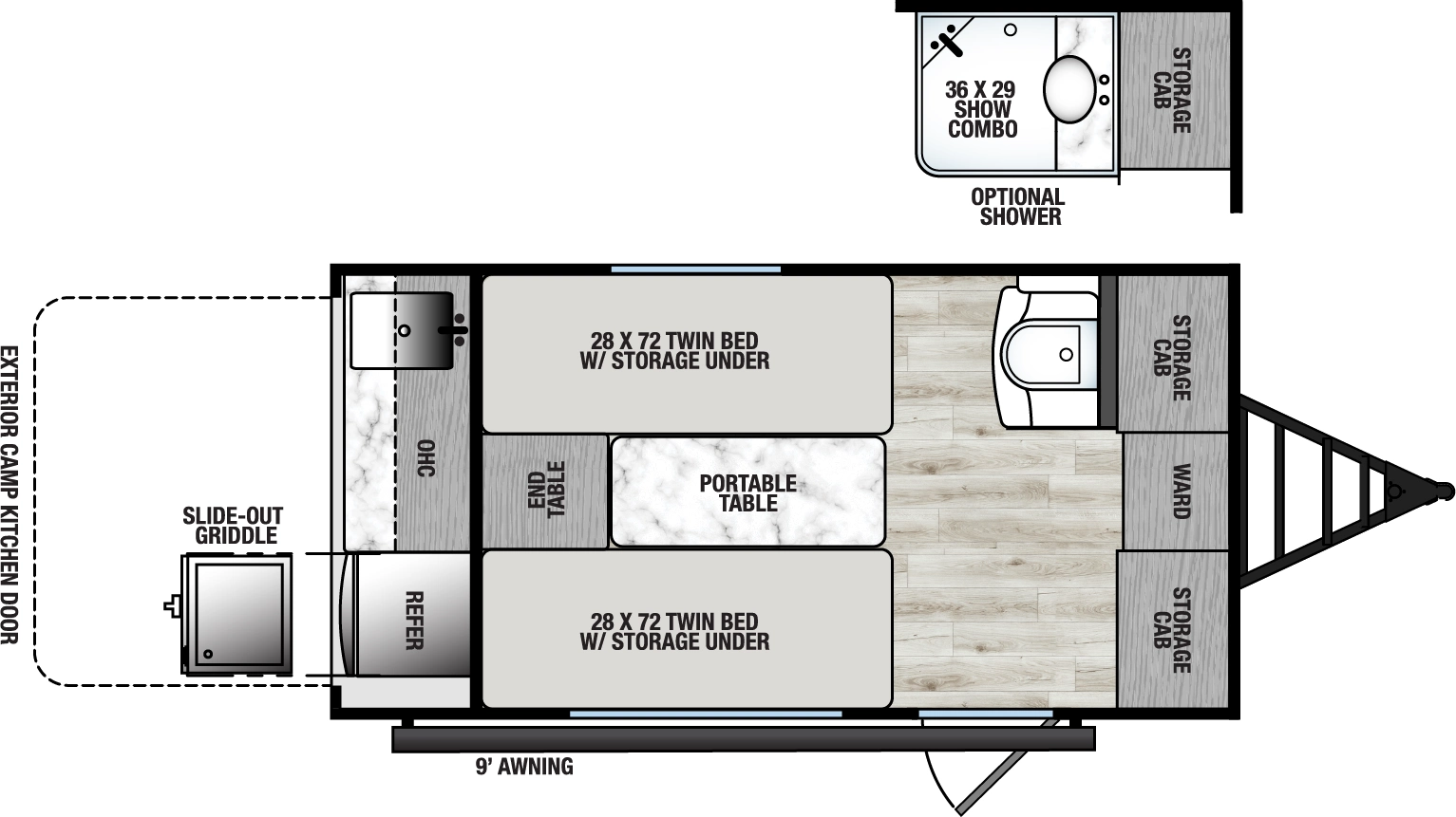 The Clipper ROK 11000ROK floorplan has one entry and zero slide outs. Exterior features include: metal exterior, 9' awning and outside kitchen. Interiors features include: rear kitchen.